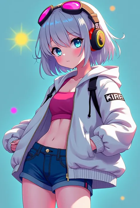 
 girl
6 life-size
Short hair outside silver hair
white cyberpunk parka jacket
Neon colored lines
denim shorts
trekking shoes
neon blue eyes
Downer system
cyberpunk style headphones
Neon colored barrettes
Japaneseanime
white one-leg knee-high socks
digital...