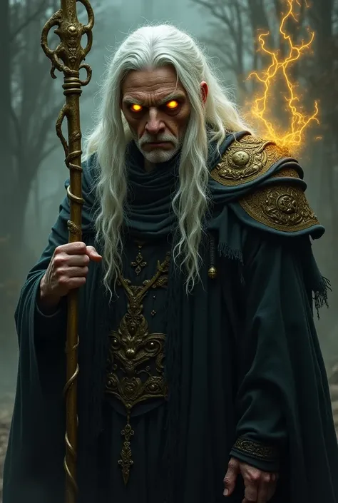 Ihansia, the great sorcerer, is an ancient figure shrouded in mystery. His gaunt face is marked with deep wrinkles, and his piercing golden eyes glow with an eerie light. His long, silver-white hair flows like wisps of smoke, and his dark robes, embroidere...