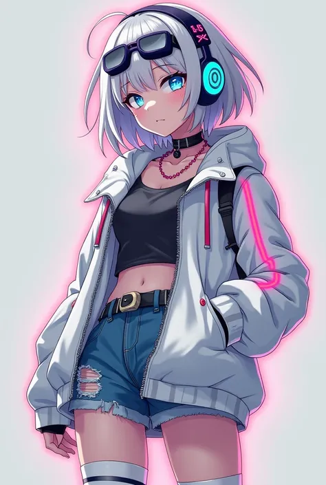 
 girl
6 life
Short hair outside silver hair
white cyberpunk parka jacket
Neon colored lines
denim shorts
trekking shoes
neon blue eyes
cyberpunk style headphones
Neon colored barrettes
Japaneseanime
white one-leg knee-high socks
digital art
pixel assets
s...