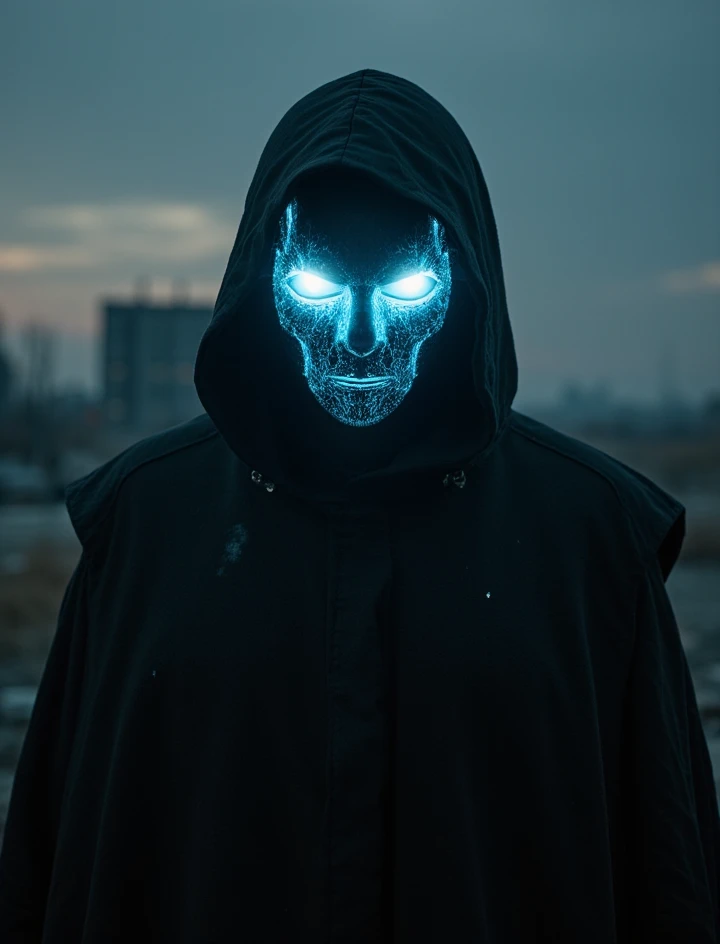 Glowing mask with hood ,  cyberpunk,  sparkle effect , Silhouette, Gegenlicht,  Cinematic lighting effects, Apocalypse,  character design,  digital art,  portrait photography , 