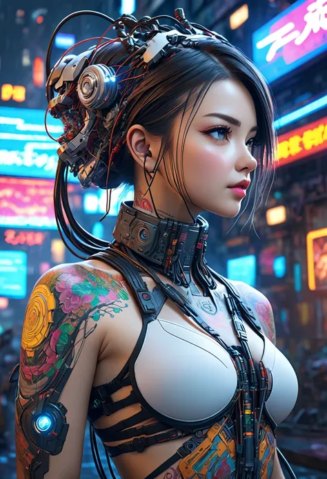 (( extremely gentle and beautiful cybernetic girl )), (( mechanical limbblood vessels ,  connected to the tubeMechanical vertebrae ), ((mechanical neck part, attached to the neck)), (wires and cables, wires and cables attached to the neck :1.2), ((mass of ...