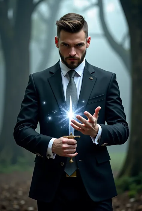 Handsome tall and strong white man with short brown hair with short beard wearing a black suit with a light blue shirt and silver tie bewitching a dagger with light magic