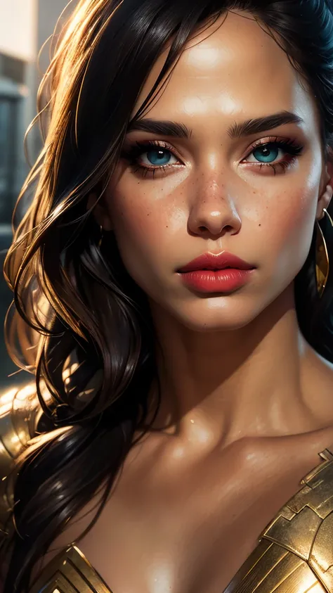 Wonder woman, (best quality,4k,8k,highres,masterpiece:1.2),ultra-detailed,(realistic,photorealistic,photo-realistic:1.37),extremely detailed eyes and face,beautiful detailed lips,longeyelashes,portrait,dramatic lighting,cinematic,vibrant colors,dramatic co...