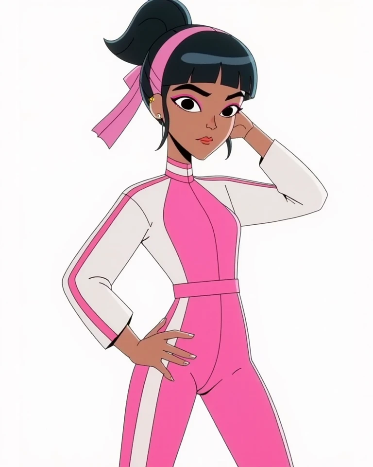 A  black female pink alfro headband and pink and white martial artist outfits suit tai chi 
body suit pink spandex pants 80's anime character design sheet 