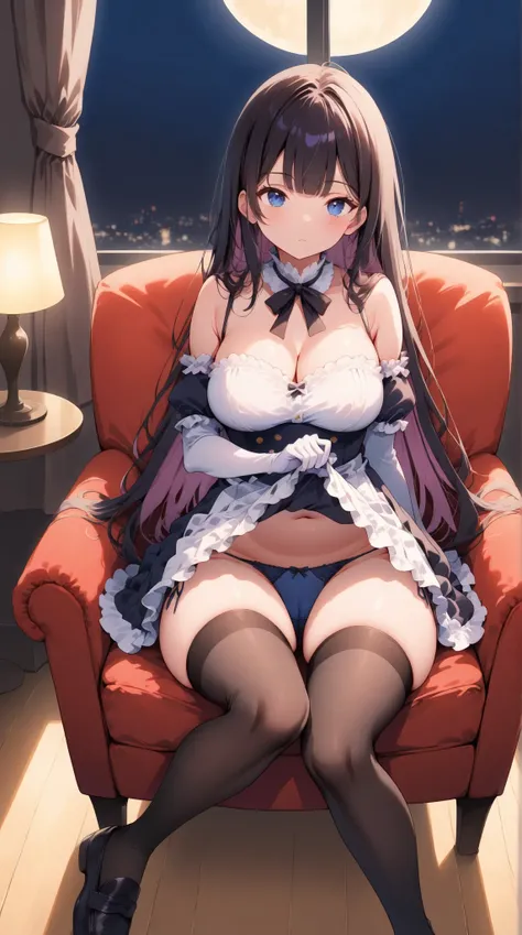  1 GIRL, ( Masterpiece), ( anatomically correct), look up, Late Night,  moonlight ,[Faint Light:1.8],  hotel, [ plump body:1.9], ( expressionless ), (Black and purple gradient color straight hair), (Bang Bangs),Thick thighs,chest,dark blue lolita dress, da...