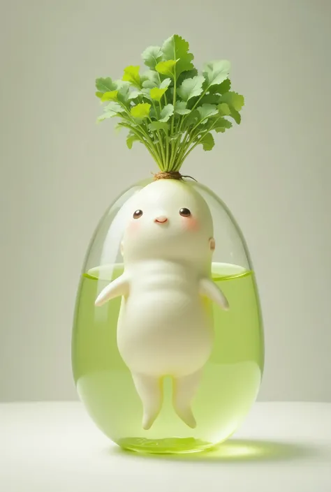 Nursery capsules that are completely filled with green water ,Radish characters in daycare capsules ,Alone, Japanese white radish character/(it has leaves),it is like a baby,It is in daycare capsule, capsules are filled with lime green liquid