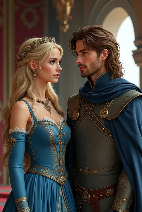  blond-haired woman ,  blue eyes,  fair skin ,  wearing a blue medieval queen dress,  suit next to him a brown-haired man ,  green eyes, wearing a gray king  