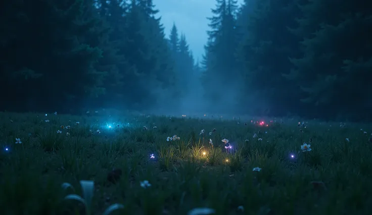 a highly detailed, realistic image of a glade in a gloomy magic coniferous forest; darkness; summer; night; night time; few small colorful glowing orbs are shining in the grass on the glade, creating a dreamy and mystical atmosphere, inspired by fantasy ar...