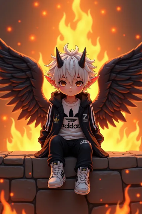 Cute chibi boy, (ethnicity:1.0), (age:1.0), with white hair, pointed ears, and dark horns, (facial features:1.3), (expression:1.2), seated on a stone ledge, (pose:1.2),  in the center of the image,  facing the viewer,  wearing a black jacket with white Adi...