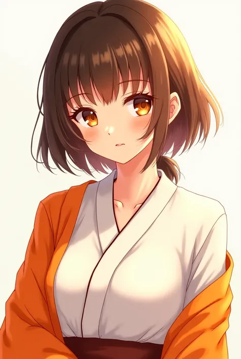 A beautiful adult woman in the anime style with brown eyes and brown hair, a white shirt and an orange haori.