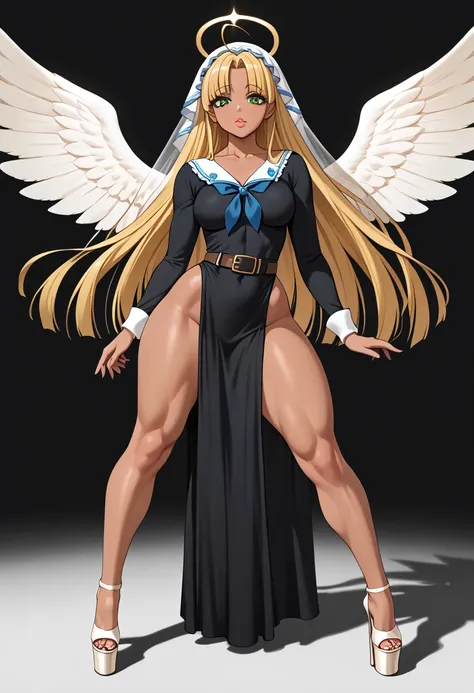 1 female, 1female, sole female, solo female, dxdaa, asia argento, blonde hair, very long hair, green eyes, ahoge, white veil, black dress, belt, long sleeves, platform heels, athletic female, full body, big calves, high heels, extremely long legs, big legs...