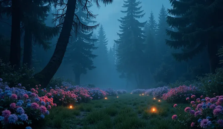 a highly detailed, realistic image of a glade in a gloomy magic coniferous forest; darkness; summer; night; night time; colorful flowers are glowing and shining; few small colorful glowing orbs are shining in the grass on the glade, creating a dreamy and m...