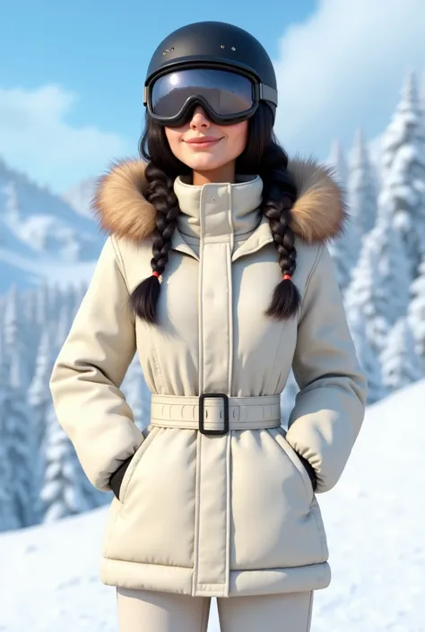 Woman 30, long black hair tied in two side braids, wearing off white short belted skiing jacket with off white hood attached with light brown fur trim. Off white matching skiing pants. Black helmet and goggles. At Vail Colorado ski slope. 

Pixar Disney Ca...