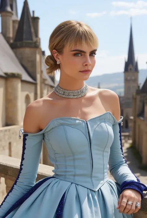 Cara Delevingne as princess, blonde loose bangs hairbun, crystal earrings and sapphire necklace, slim body, large breasts, lightblue princess off-the-shoulder gown, posing on the balcony, torogao, medieval french town and church on the background, (best qu...