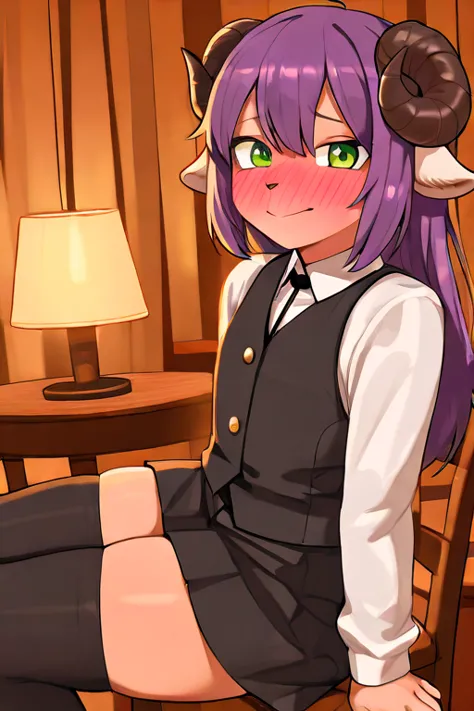 от реси)), the second, alone,  of the best quality, sheep horns,  ultra-detailed illustration,  green eyes, warm colors,  perfect lighting , (guy ram:1.6) , female face and body , длинные hair,  purple hair, skirt,   long black stockings, servant clothes ,...