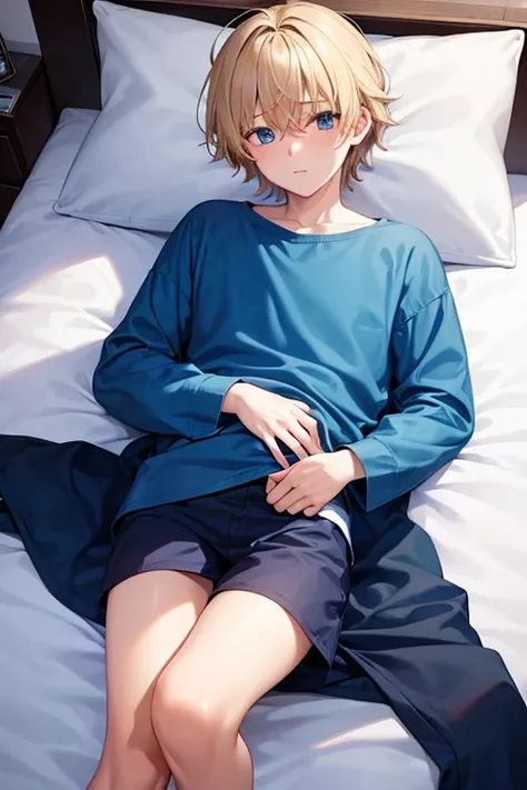 a 18 year old boy, in blue sleeping clothes, in bed, hand on bed, blonde hair