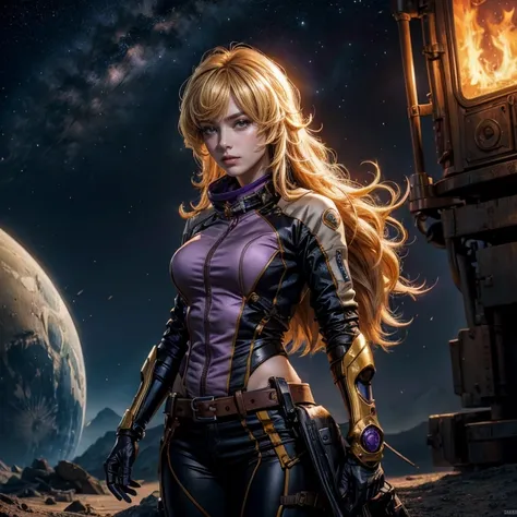 yangxiaolong, yang xiao long, long hair, blonde hair, large breasts, (purple eyes:1.3), ahoge, bangs, BREAK space suit, mechanical arms, single mechanical arm, prosthesis, prosthetic arm, BREAK night, stars, standing with black haired colleague on lunar la...