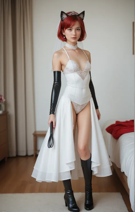  young girl ,  slim ,  red hair top,  straight short hair,  small breasts, Breasts free to see,, Cat ears,  masterpiece ,  Anatomically correct , UHD,  super detailed, further away, Wedding dress,  latex black knee boots ,   latex black arm warmers long , ...