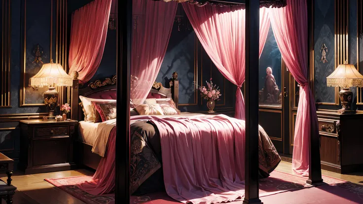 Best quality, masterpiece, ultra high res, raw photo, beautiful and aesthetic,deep shadow, fantasy theme,(ultra detailed:1.3), divine, royal bedroom, indoors, luxurious, canopy bed, full of curtains, pillows, jewelry, candlelight, queen chamber, pink room