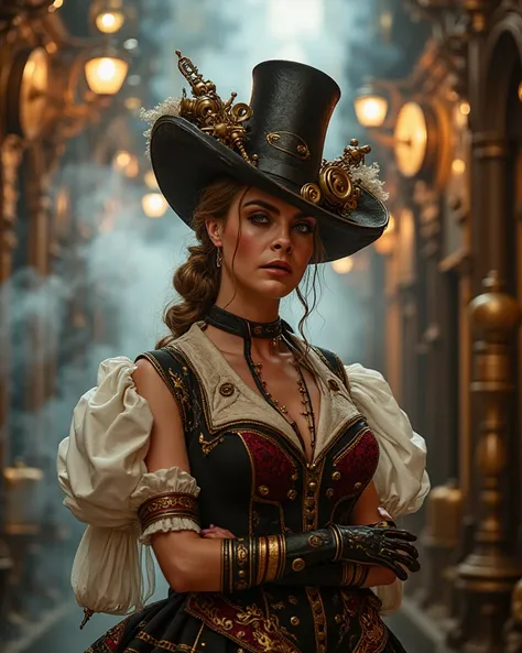  Create a mesmerizing image of a pin-up steampunk engineer wearing a Victorian-inspired costume, surrounded by rotating gears and atmospheric vapor .  emphasizing intricate details such as brass accessories and extravagant inventions ,  while capturing the...