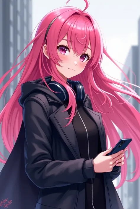 Long pink hair anime, with a black jacket, headphones,cell phone,