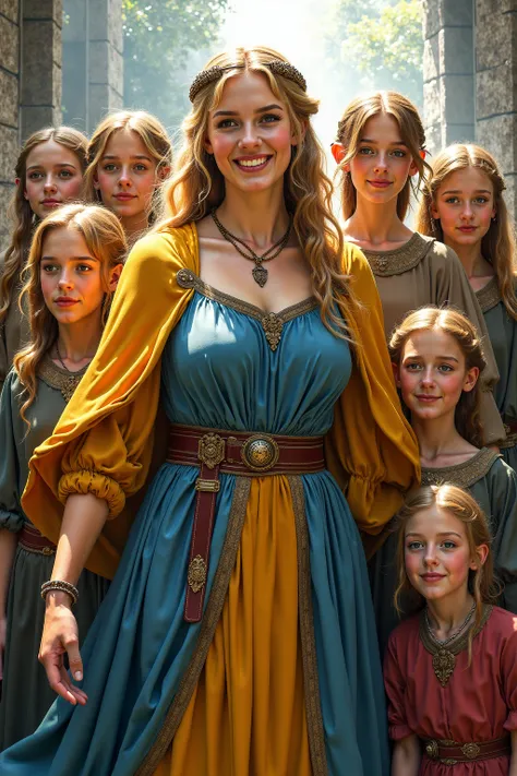 A realistic medieval fantasy portrait of a noble woman. She is 32 years. She is fat. She is blond and smiles happily. She wears a gown of blue and yellow. Surrounding her are 12 ren from age 1 to s. The are all blond and are all smiling. 
The colors are na...