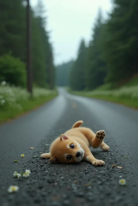 A puppy was hit by a car on the road and died