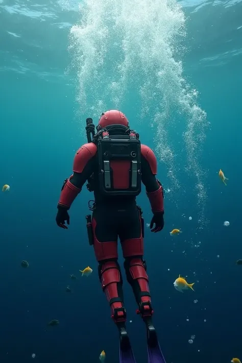 潜水装備を装着したIn the water戦用ストームトルーパー， swim in deep water while propelling with a jet pod on your back ，3 people，Attach fins to legs， Aqualung ， with red armor，Move facedown ，Light and Bubbles ，fish，In the water，Think fictional equipment 