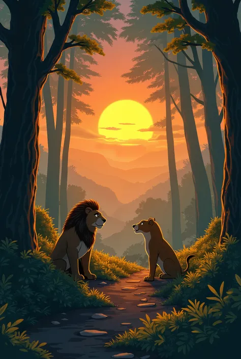  As the sun set, the animals started to feel that their beautiful forest was in danger. .  Strange sounds were getting closer and animals knew they had to be ready for anything.  The lion Saber looked at everyone and said : "Whatever happens, we'll protect...