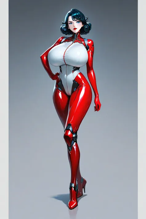 Character woman cyborg curly hair color black , blue eyes red lips with white clothes red latex details, in a cyberpunk world ( gigantic breasts) full body