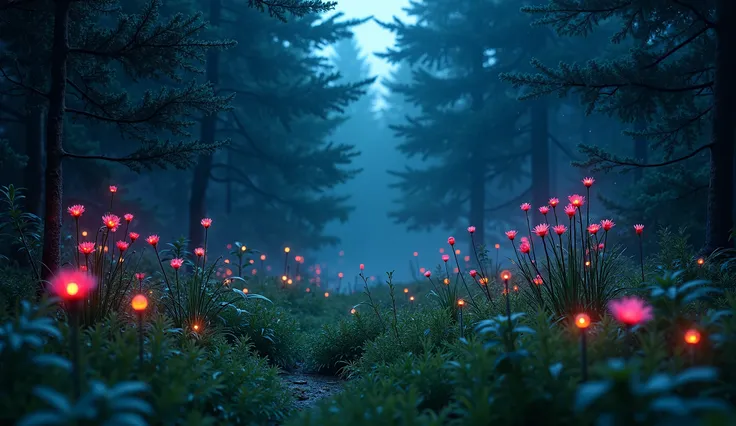 a highly detailed, realistic image of a glade in a gloomy magic coniferous forest; darkness; summer; night; night time; colorful cursed flowers are glowing and shining; few small colorful glowing orbs are shining in the grass on the glade, creating a dream...