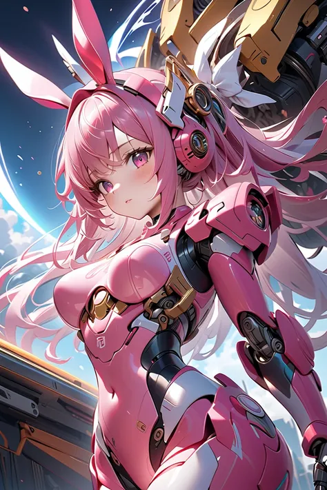 (( best quality )),( super high definition),( very detailed),( Detailed explanation ),(( best CG )),(Masterpiece),High Definition Art,( fine detail art:1.5),  Female Robot ,  the flow of energy flowing through transparent parts,  cute headgear , pink body,...