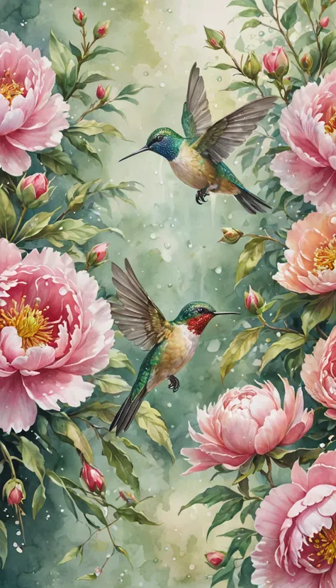  watercolor painting of peonies and foliage , hummingbirds among petals ,  intricate layered careful painting, Chinese ink, clean, windy, dewy,  pastel colors , light green background with splashes of color , . bright,  beautiful , picturesque,  in detail,...