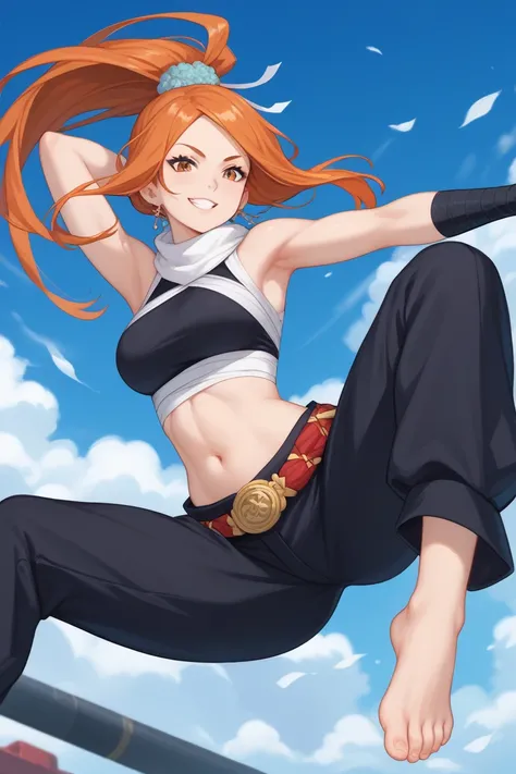 For a Toji Fushiguro-inspired outfit for Orihime Inoue, while keeping her navel and feet visible, here’s the design:

Top

A cropped, deep green or black sleeveless top, inspired by Toji’s loose, battle-ready style, but shortened to expose her navel.

The ...