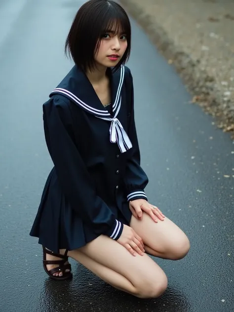  The asphalt is wet 、  there is a buildup of dirt mixed with gravel  、  Kneeling woman, Sailor Suit、Mercury、     textured skin , Rain-soaked body、 Knees open 、   short hair,    thighs  、One hand on the ground