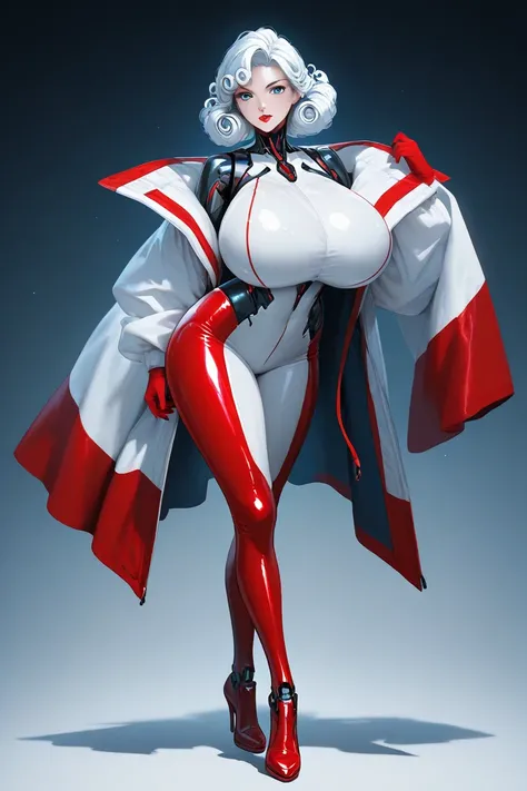 Character woman cyborg curly hair color black , blue eyes red lips with white clothes red latex details, in a cyberpunk world ( gigantic breasts) full body