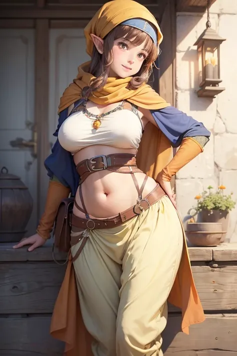 A beautiful village woman with a gentle smile, ((best quality))) (((HD))) (((8k))) (character) 20-year-old woman, ((adventurous)), frecles,  Young halfling, short stature and plump, magical, ((medium breasts)), (wide hips:1.2), ((long pointy ears:1.2)), (d...