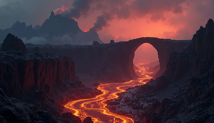 A highly detailed, realistic image of a volcanic landscape at night; an old stone bridge is visible in the distance over the lava flow; rivers of molten lava flowing through the rocky terrain, illuminating the surroundings with an orange glow, smoke and as...