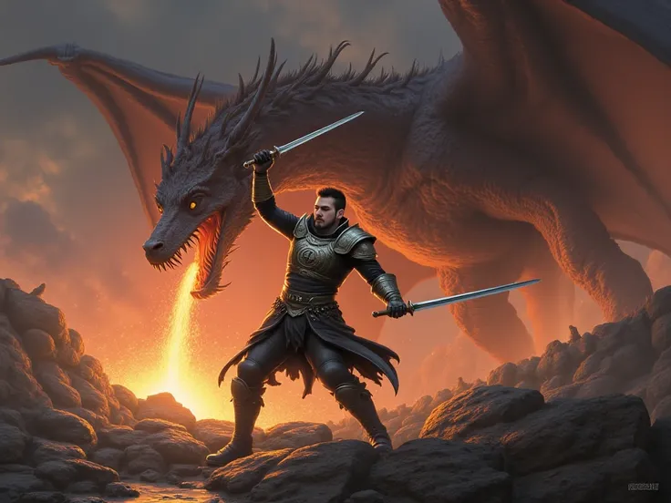  35 years, man, handsome, beard, sportsman, dark but with some gray hair. He is a warrior in a fantasy world and fights against a fire-breathing dragon. 