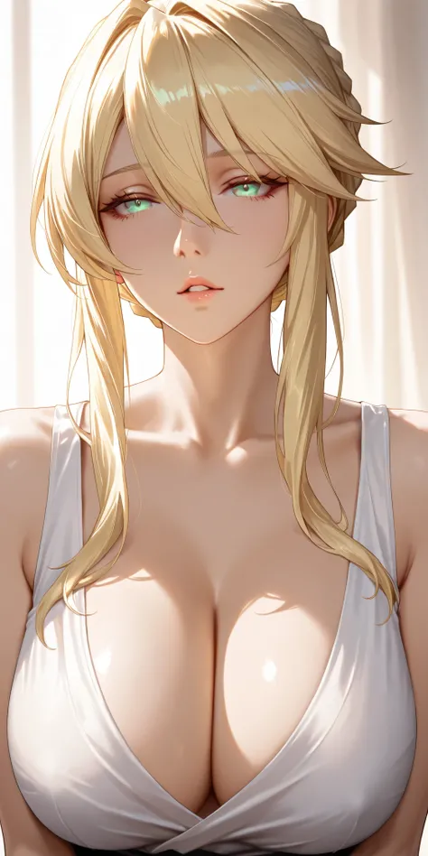 Masterpiece, very aesthetic, vibrant, high contrast, elegant mature woman, artoria pendragon (lancer) (fate), upper body, curvaceous, sleeveless shirt, collarbone, seductive, parted lips, soft light, best quality, semrealistic, honkai: star rail cg style