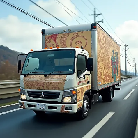  Mitsubishi Fuso、  20 ton truck  、Box car 、Ukiyo-e from Japanese kabuki is printed、Delivery Service  、  Japanese commercial license plates、  Meishin Expressway、