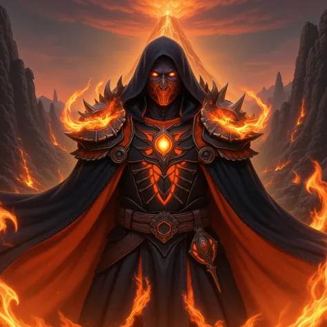 Black hood with orange trim, orange glowing eyes, obsidian skin, shoulder pads on fire, orange and black warlock robes, volcano in background, orange metal facemask, fire going around him