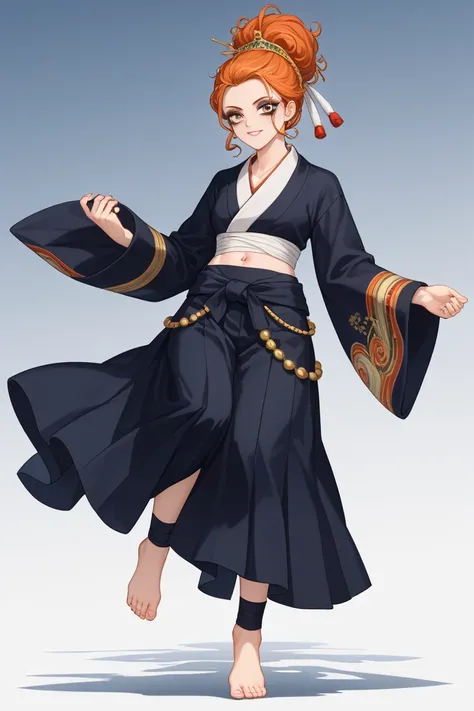 For a Kenjaku-inspired outfit for Orihime Inoue, while keeping her navel and feet visible, here’s the design:

Top

A cropped, high-collared black kimono-style top, inspired by Kenjaku’s traditional yet eerie aesthetic, but shortened to expose her navel.

...