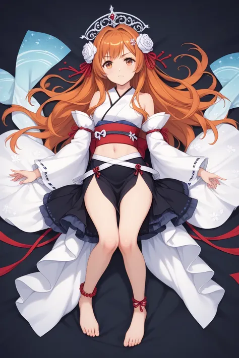 For a Utahime Iori-inspired outfit for Orihime Inoue, while keeping her navel and feet visible, here’s the design:

Top

A cropped, white or deep red kimono-style top, inspired by Utahime’s traditional attire, but shortened to expose her navel.

Delicate f...