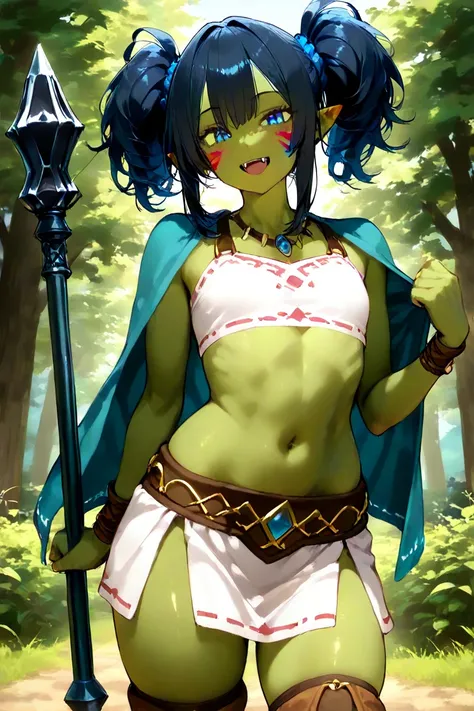 Create an image of a young orc shaman.  She has blue-black hair tied in two pigtails and light blue eyes with black sclerotids.  Its skin is green and it has lower fangs that stick out a little.  She is tall and strong, with a marked but feminine and curvy...