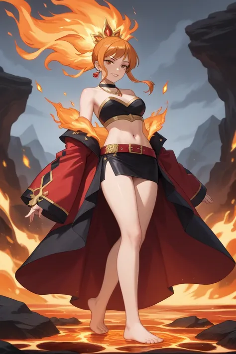 For a Jogo-inspired outfit for Orihime Inoue, while keeping her navel and feet visible, here’s the design:

Top

A cropped, high-collared burnt-orange or deep red jacket, inspired by Jogo’s fiery theme but shortened to expose her navel.

The fabric has a r...