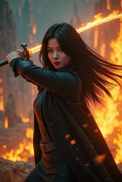 a woman with  black hair and pale skin, wielding a flaming rapier in an epic pose, wearing a black cape, against an epic fantasy background, (best quality,8k,masterpiece:1.2),ultra-detailed, dynamic action pose, dramatic lighting, cinematic, vibrant colors...