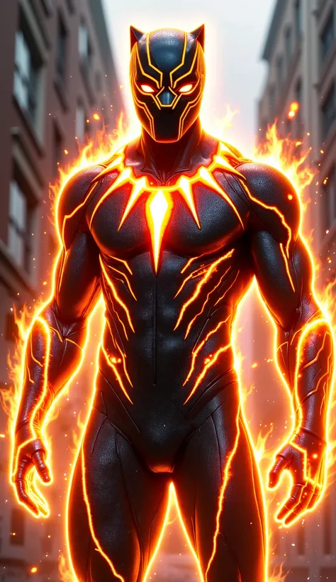 Create an ultra-realistic image of a fusion between Black Panther and the Man of Fire. The character has a more muscular physique, combining Black Panther's sleek agility with the fiery strength of the Man of Fire. The armor is made of flames, resembling t...