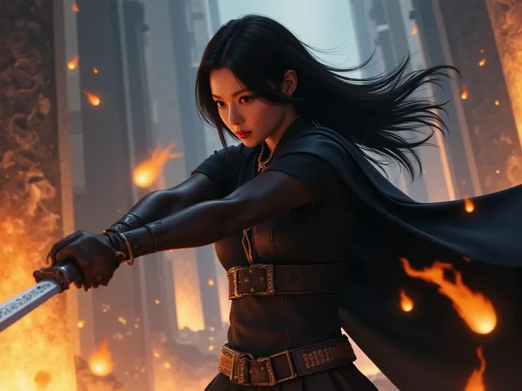 a woman with  black hair and pale skin, wielding a flaming rapier in an epic pose, wearing a black cape, against an epic fantasy background, (best quality,8k,masterpiece:1.2),ultra-detailed, dynamic action pose, dramatic lighting, cinematic, vibrant colors...