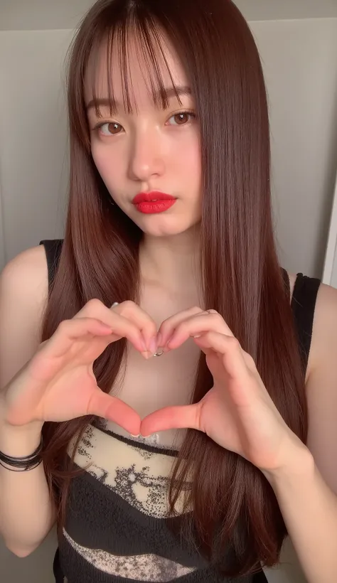 She wears an attractive camisole, creates a heart shape with both hands and poses in front of her chest, Close up of a smiling face with one eyelid closed

